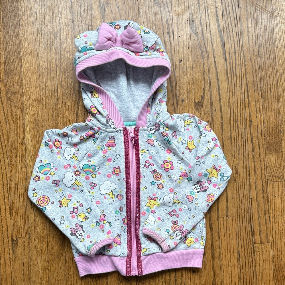 Disney Collection Mini Mouse Glitter Bow and Ear Hooded Zip Up Sweatshirt